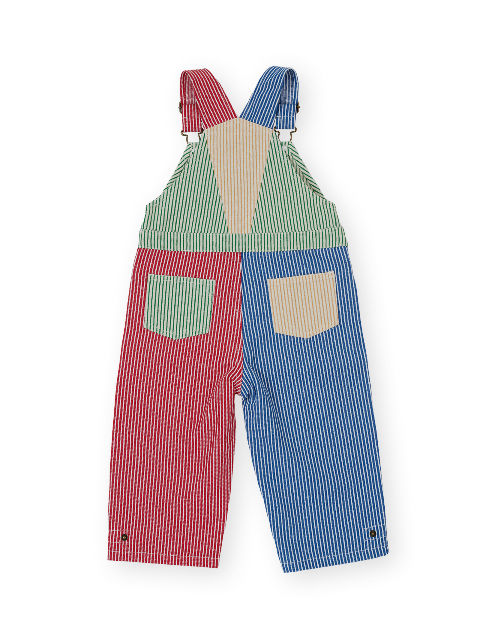 The Goldie + Ace Patchwork Stripe Blake Overalls in Primary pictured on a transparent background. The material is 55% polyester 45% cotton. It is a overall made for babies, toddlers and kids.