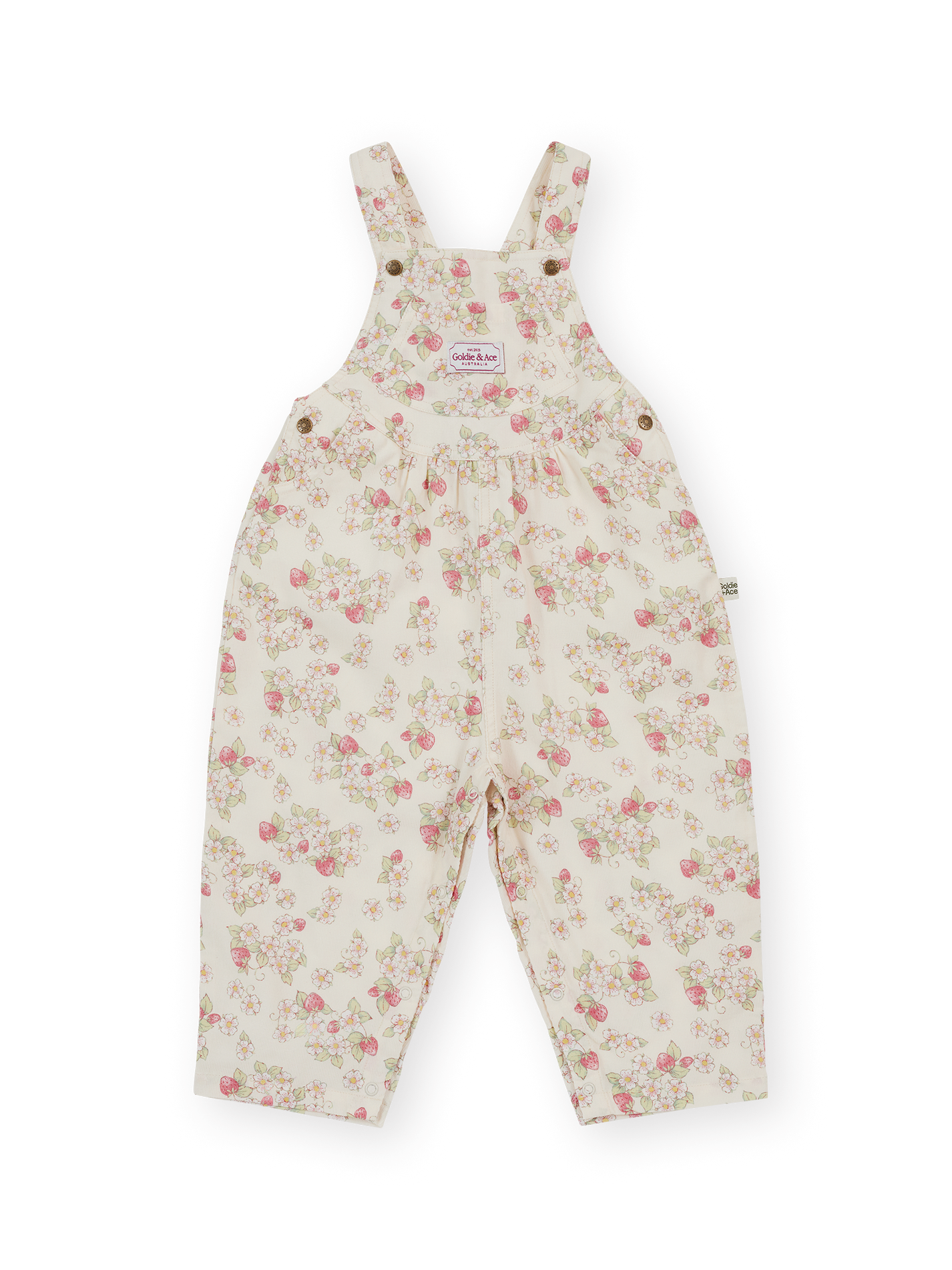 The Goldie + Ace Strawberry Fields Goldie Vintage Overalls in Cream pictured on a transparent background. The material is 100% cotton. It is a overall made for babies, toddlers and kids.