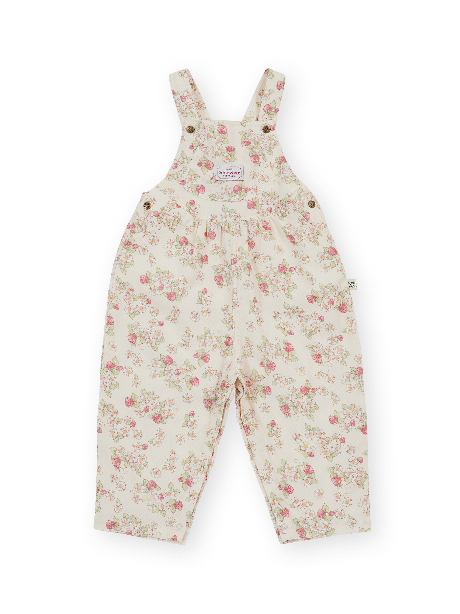 The Goldie + Ace Strawberry Fields Goldie Vintage Overalls in Cream pictured on a transparent background. The material is 100% cotton. It is a overall made for babies, toddlers and kids.