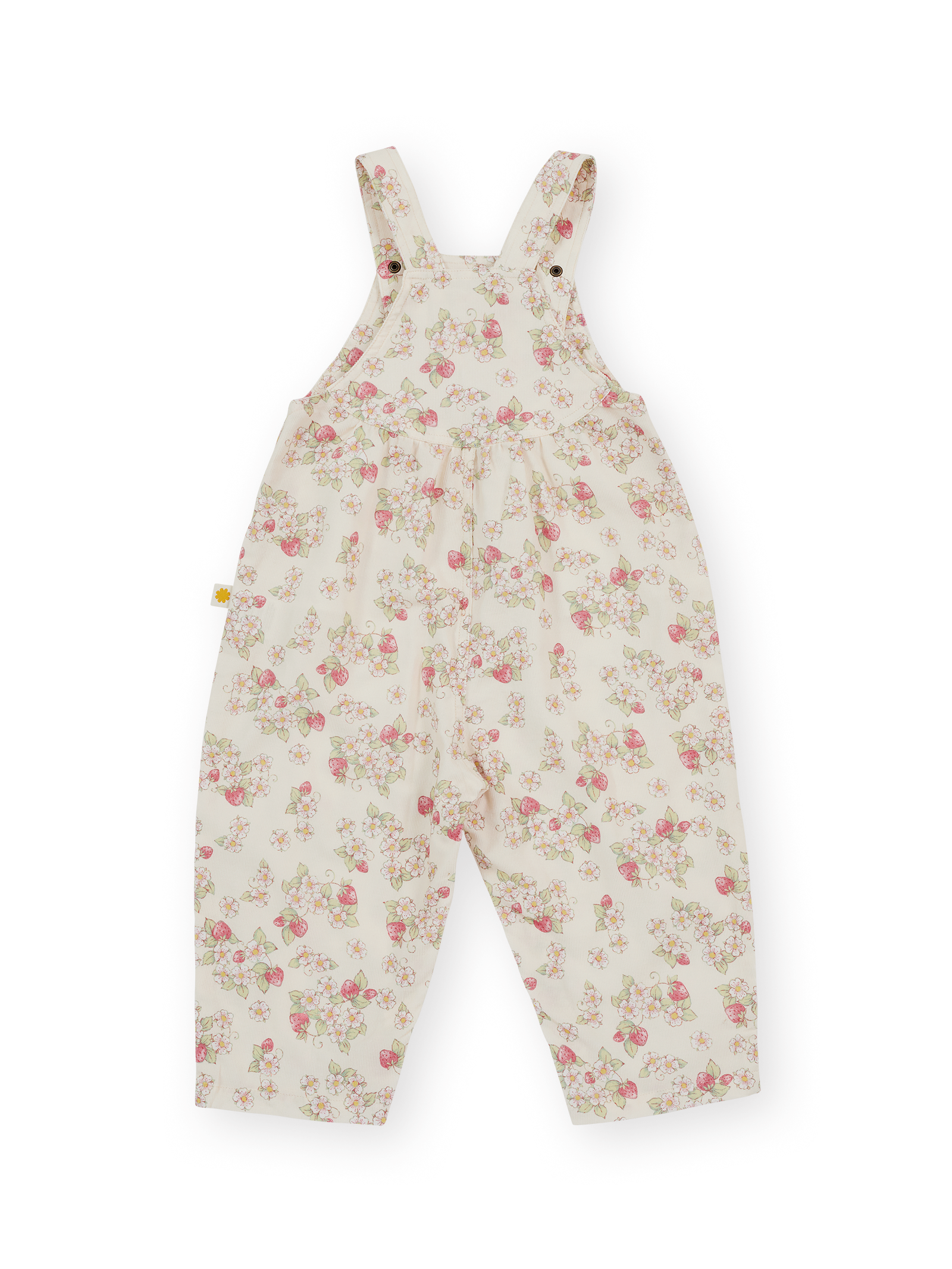 The Goldie + Ace Strawberry Fields Goldie Vintage Overalls in Cream pictured on a transparent background. The material is 100% cotton. It is a overall made for babies, toddlers and kids.