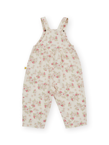 The Goldie + Ace Strawberry Fields Goldie Vintage Overalls in Cream pictured on a transparent background. The material is 100% cotton. It is a overall made for babies, toddlers and kids.