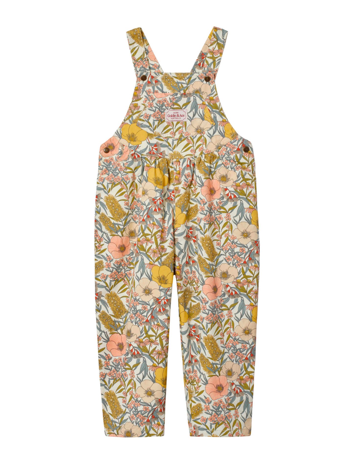 The Goldie + Ace Goldie Vintage Floral Overalls in Pink Multi pictured on a transparent background. The material is 100% cotton. It is a overall made for babies, toddlers and kids.