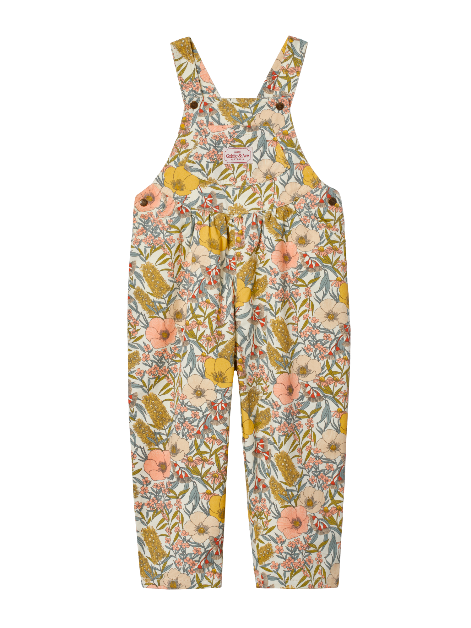 The Goldie + Ace Goldie Vintage Floral Overalls in Pink Multi pictured on a transparent background. The material is 100% cotton. It is a overall made for babies, toddlers and kids.