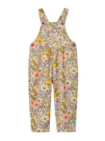 The Goldie + Ace Goldie Vintage Floral Overalls in Pink Multi pictured on a transparent background. The material is 100% cotton. It is a overall made for babies, toddlers and kids.