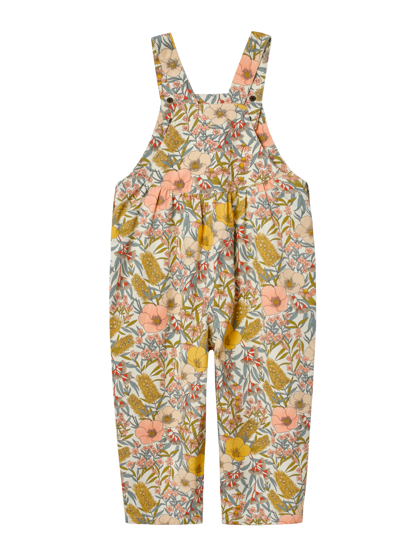 The Goldie + Ace Goldie Vintage Floral Overalls in Pink Multi pictured on a transparent background. The material is 100% cotton. It is a overall made for babies, toddlers and kids.