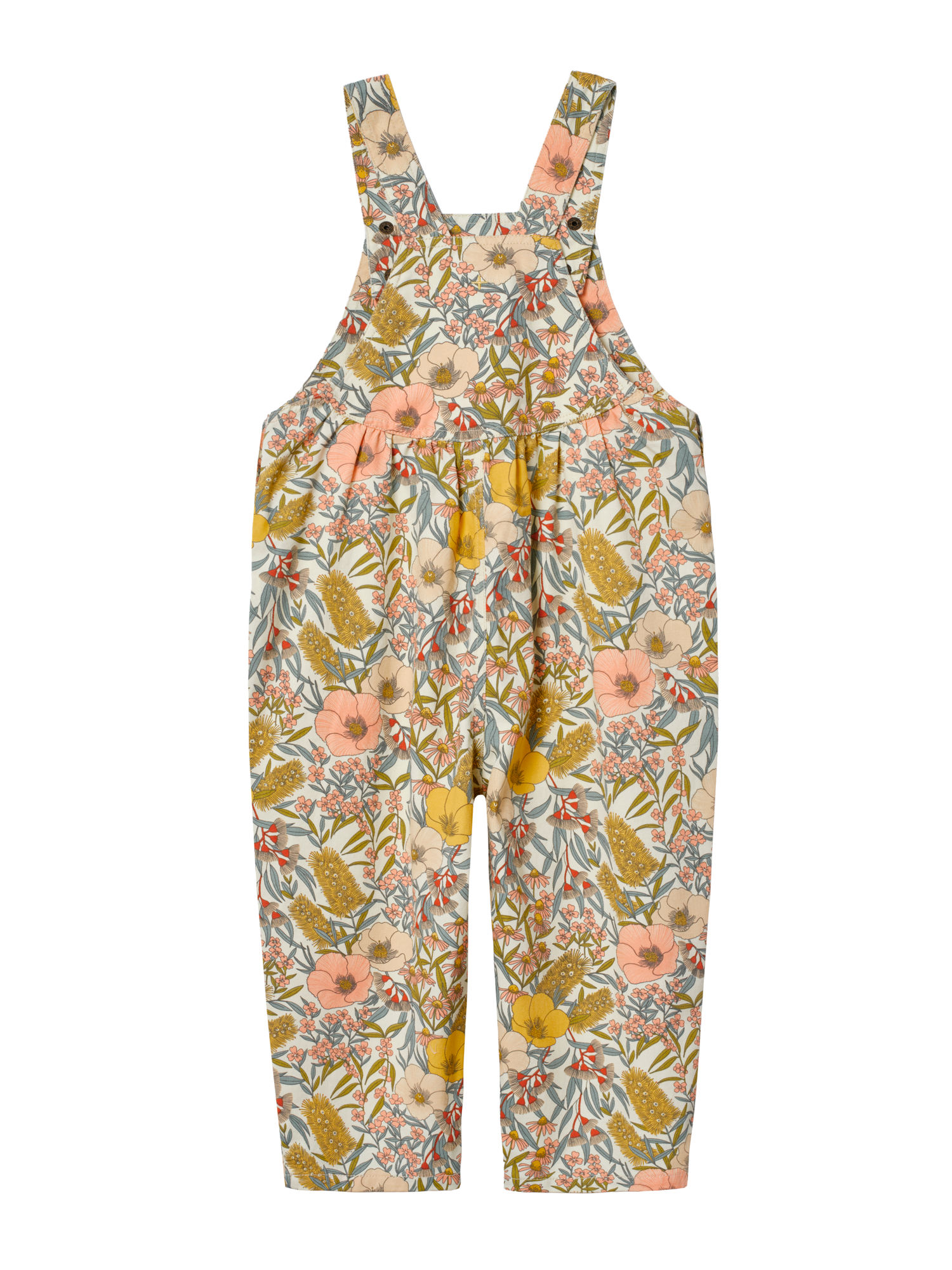 The Goldie + Ace Goldie Vintage Floral Overalls in Pink Multi pictured on a transparent background. The material is 100% cotton. It is a overall made for babies, toddlers and kids.