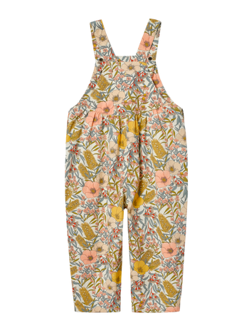 The Goldie + Ace Goldie Vintage Floral Overalls in Pink Multi pictured on a transparent background. The material is 100% cotton. It is a overall made for babies, toddlers and kids.