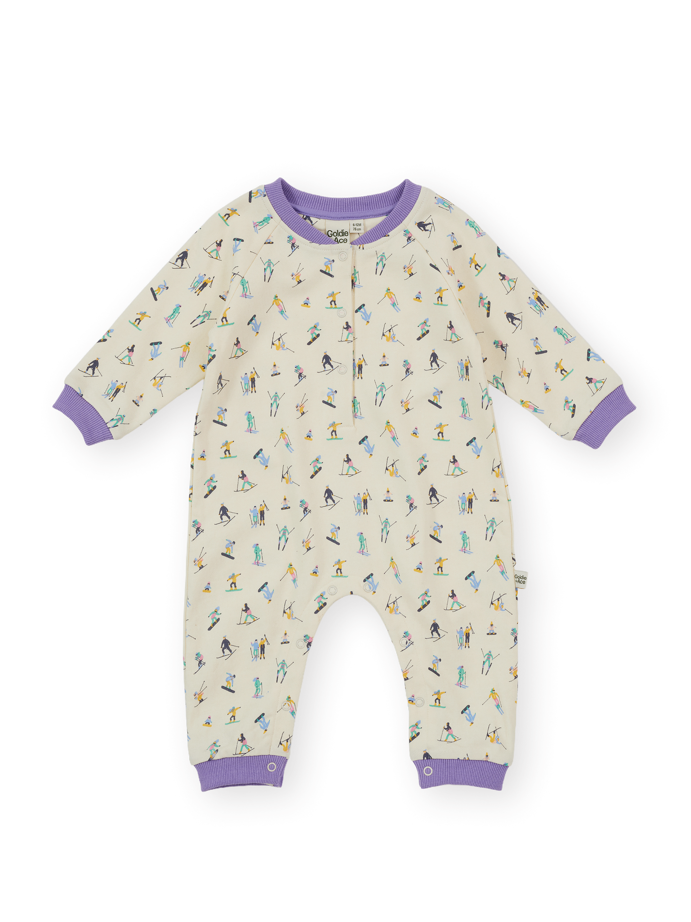 The Goldie + Ace Ski Slopes Terry Romper in Cream pictured on a transparent background. The material is 100% cotton. It is a romper made for babies, toddlers and kids.