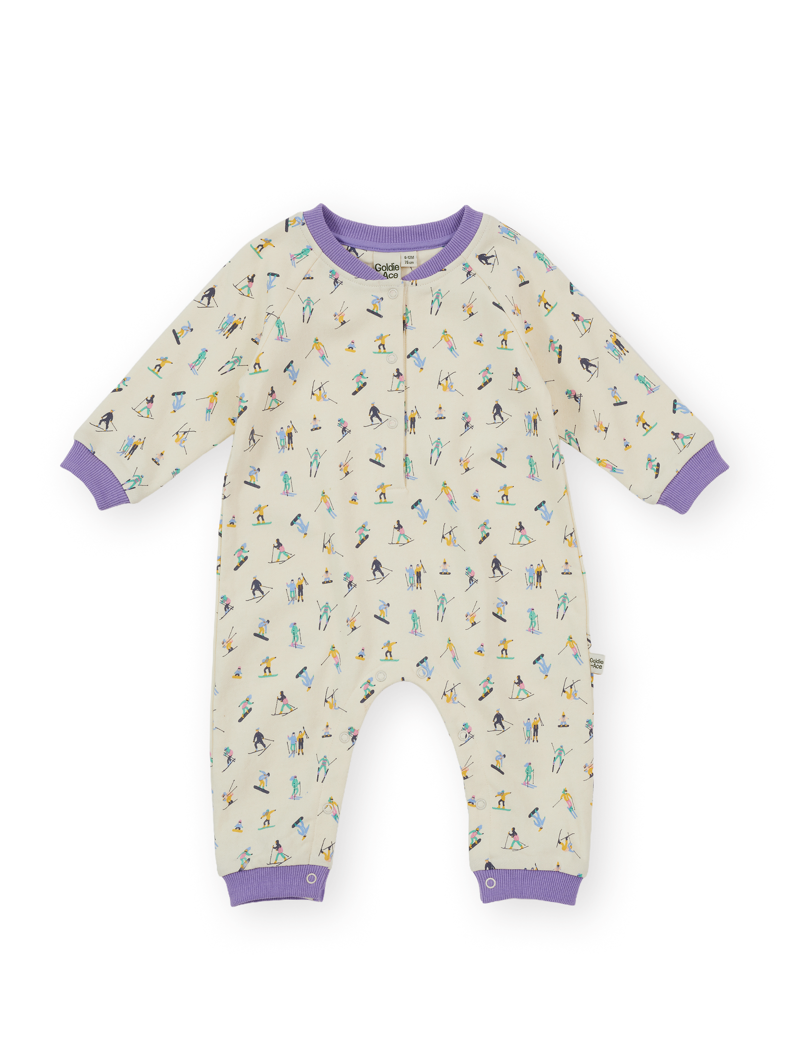 The Goldie + Ace Ski Slopes Terry Romper in Cream pictured on a transparent background. The material is 100% cotton. It is a romper made for babies, toddlers and kids.