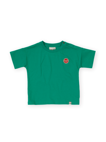 The Goldie + Ace Essential Logo T-Shirt in Green pictured on a transparent background. The material is 100% cotton. It is a t-shirt made for babies, toddlers and kids.