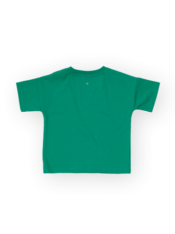The Goldie + Ace Essential Logo T-Shirt in Green pictured on a transparent background. The material is 100% cotton. It is a t-shirt made for babies, toddlers and kids.