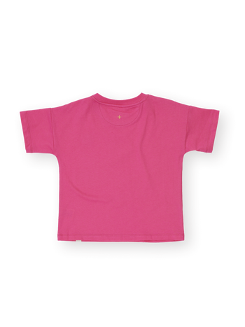 The Goldie + Ace Essential Logo T-Shirt in Pink pictured on a transparent background. The material is 100% cotton. It is a t-shirt made for babies, toddlers and kids.