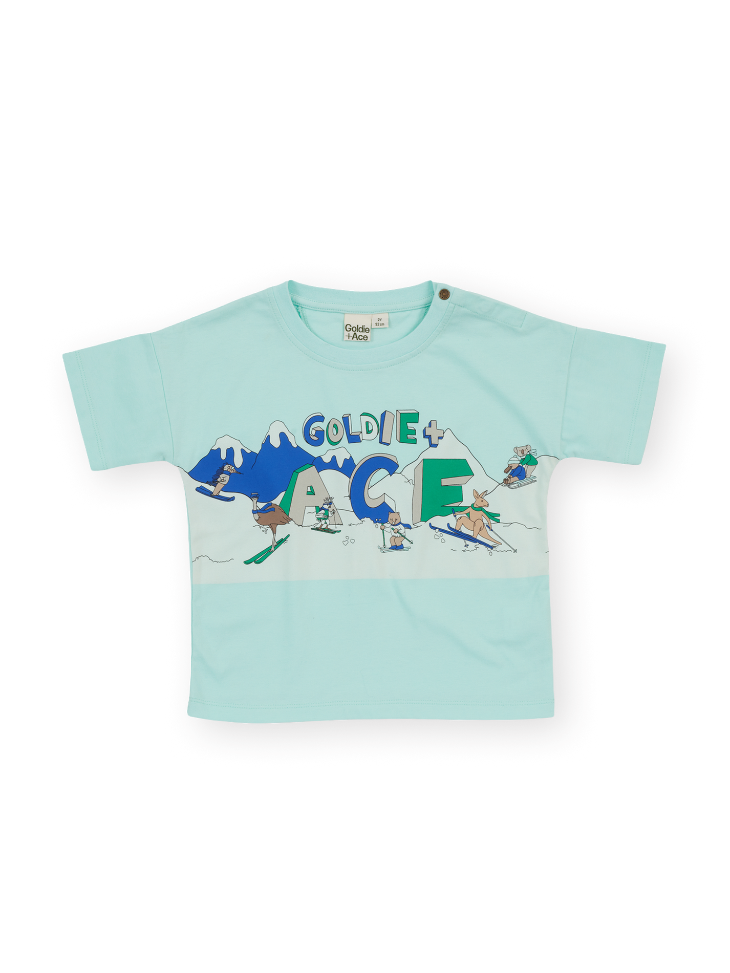 The Goldie + Ace Alpine T-Shirt in Mint pictured on a transparent background. The material is 100% cotton. It is a t-shirt made for babies, toddlers and kids.