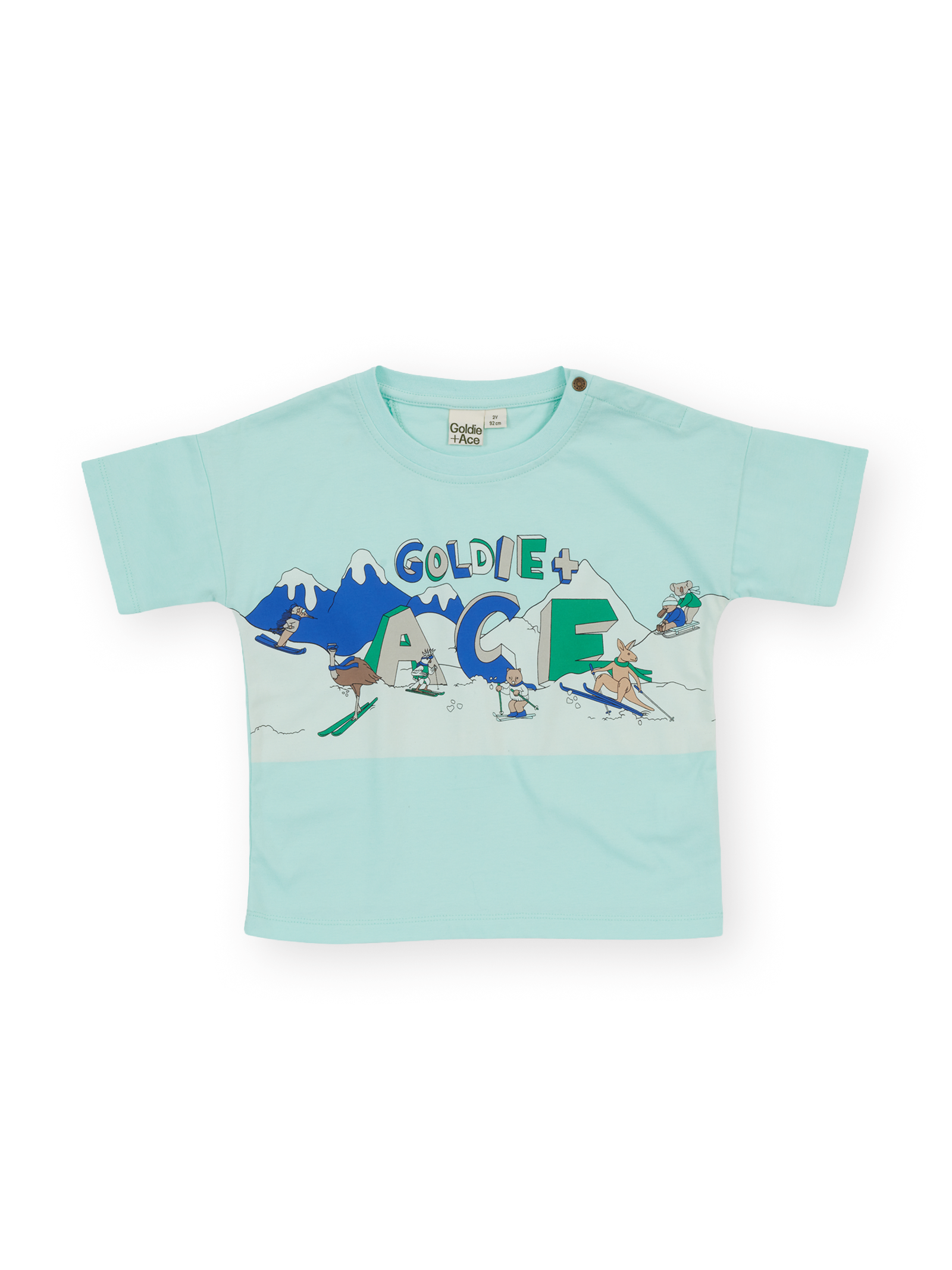 The Goldie + Ace Alpine T-Shirt in Mint pictured on a transparent background. The material is 100% cotton. It is a t-shirt made for babies, toddlers and kids.