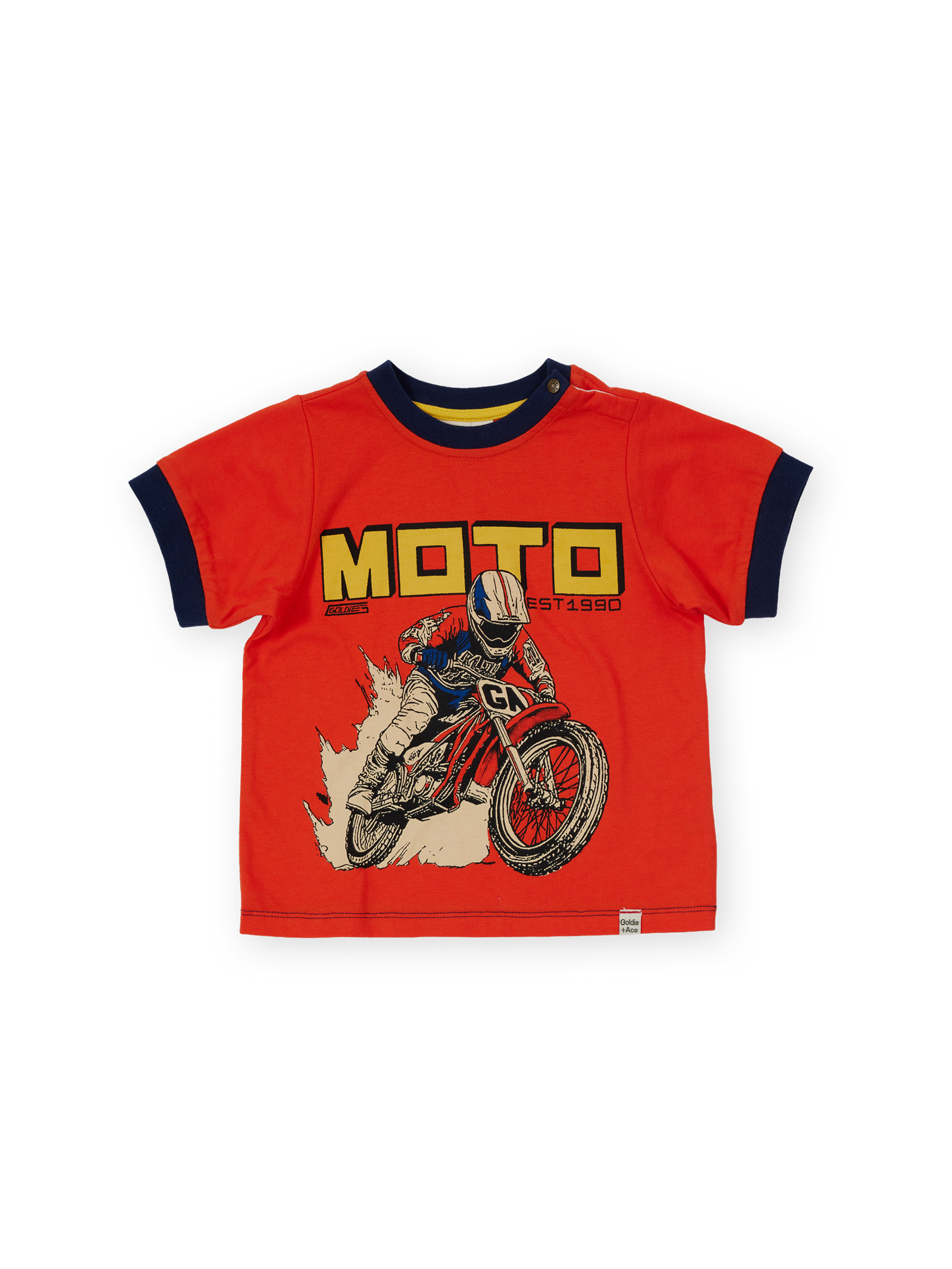 The Goldie + Ace Moto Ringer T-Shirt in Red pictured on a transparent background. The material is 100% cotton. It is a t-shirt made for babies, toddlers and kids.