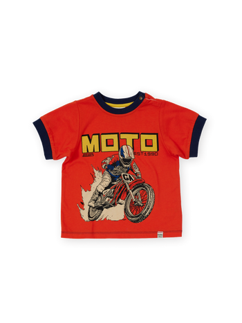 The Goldie + Ace Moto Ringer T-Shirt in Red pictured on a transparent background. The material is 100% cotton. It is a t-shirt made for babies, toddlers and kids.