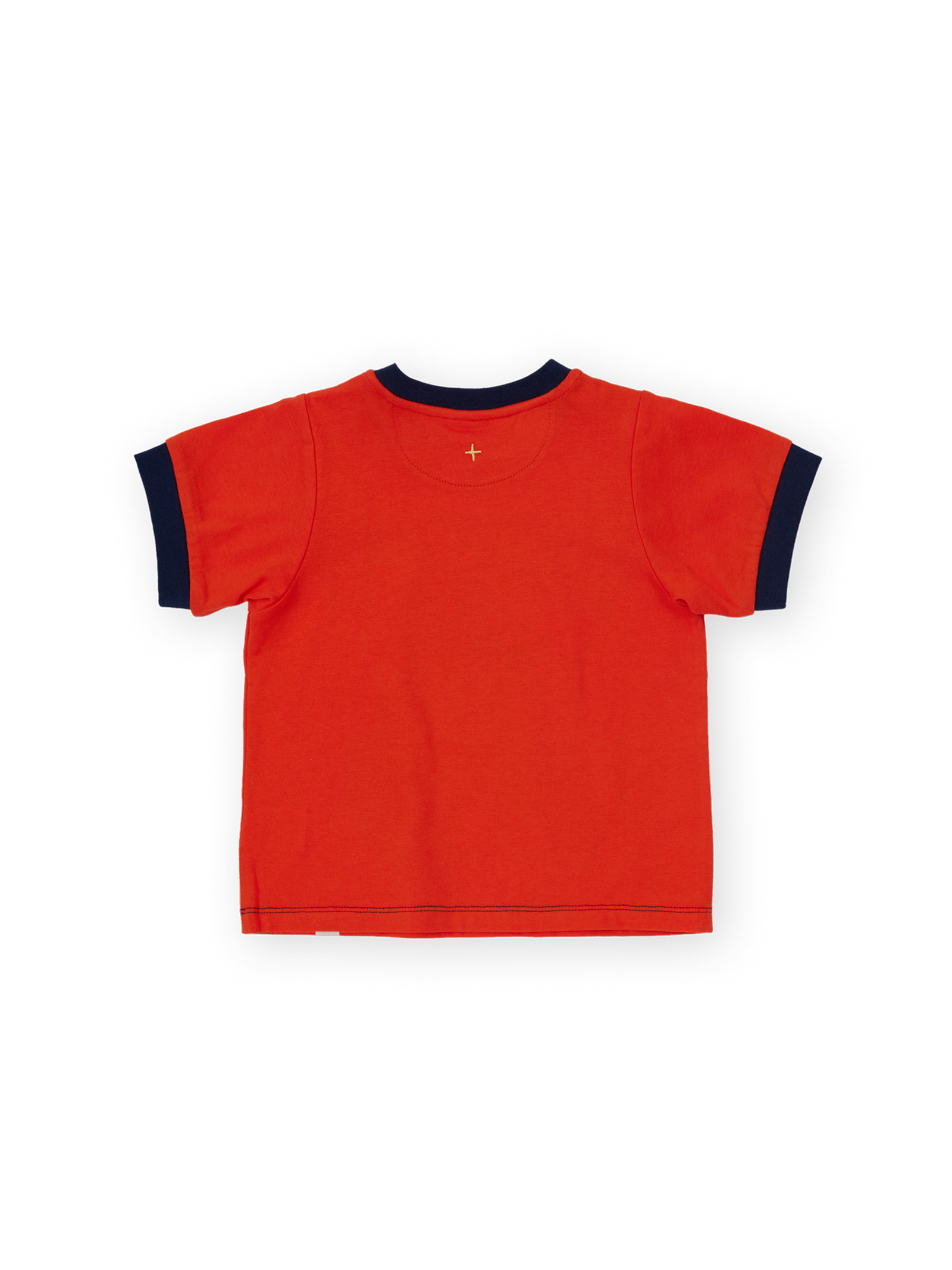 The Goldie + Ace Moto Ringer T-Shirt in Red pictured on a transparent background. The material is 100% cotton. It is a t-shirt made for babies, toddlers and kids.