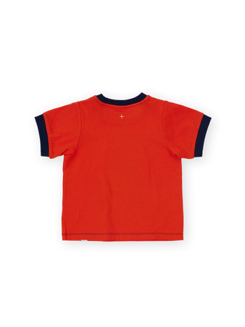 The Goldie + Ace Moto Ringer T-Shirt in Red pictured on a transparent background. The material is 100% cotton. It is a t-shirt made for babies, toddlers and kids.