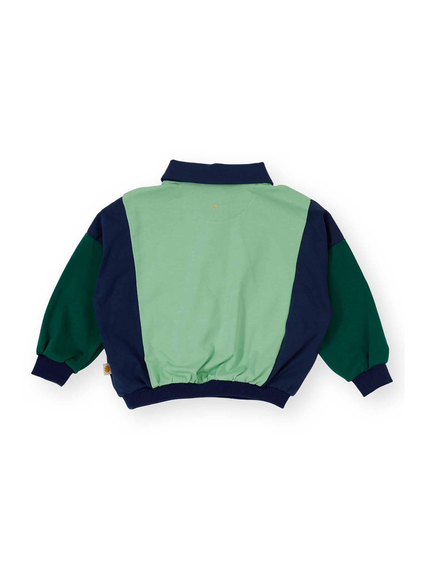 The Goldie + Ace Panelled Relaxed Rugby Sweat Top in Navy & Green pictured on a transparent background. The material is 100% cotton. It is a t-shirt made for babies, toddlers and kids.