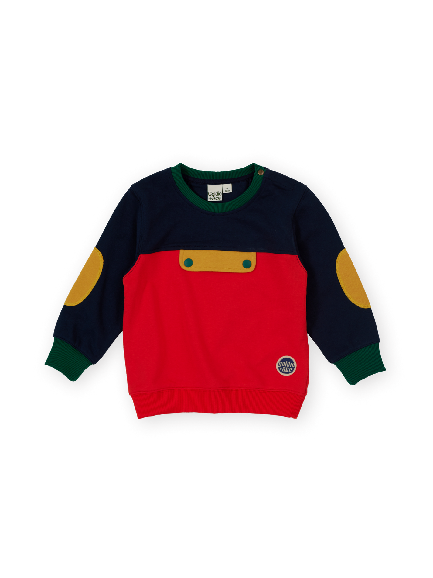 The Goldie + Ace Colour Block Pocket Sweater in Red &amp; Yellow &amp; Navy pictured on a transparent background. The material is 100% cotton. It is a sweater made for babies, toddlers and kids.