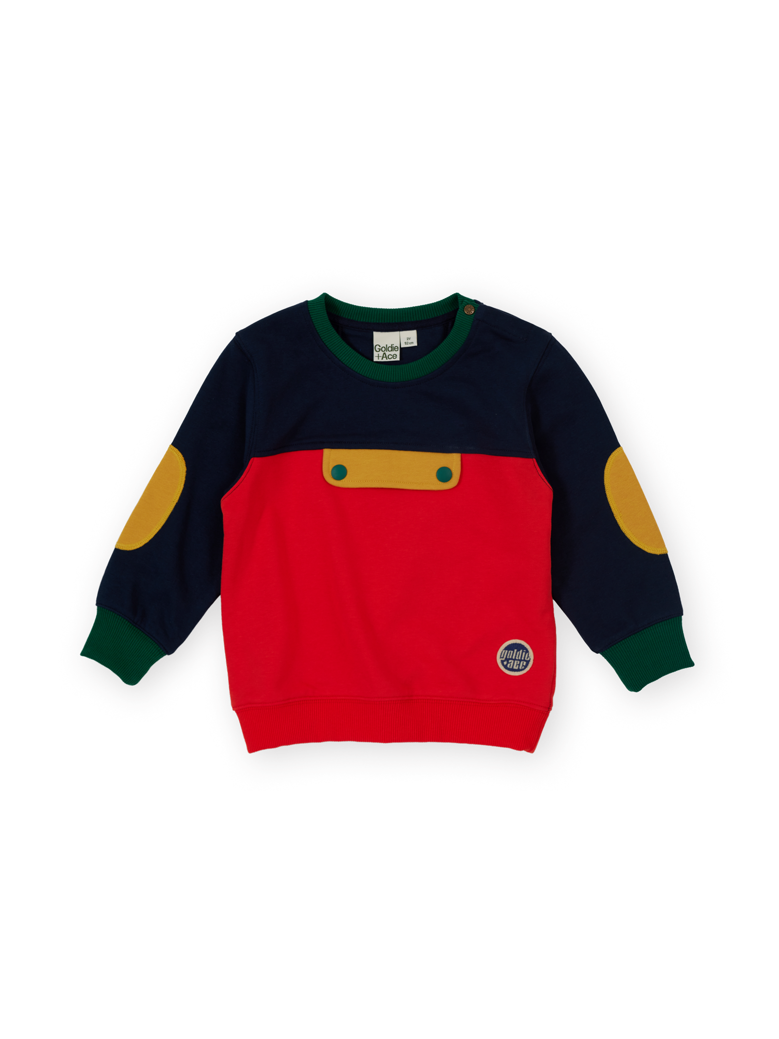 The Goldie + Ace Colour Block Pocket Sweater in Red & Yellow & Navy pictured on a transparent background. The material is 100% cotton. It is a sweater made for babies, toddlers and kids.