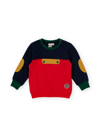 The Goldie + Ace Colour Block Pocket Sweater in Red & Yellow & Navy pictured on a transparent background. The material is 100% cotton. It is a sweater made for babies, toddlers and kids.