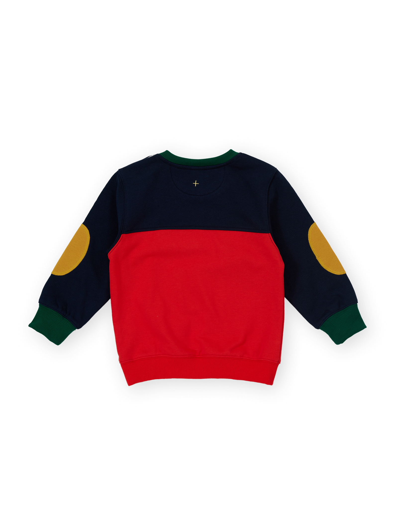 The Goldie + Ace Colour Block Pocket Sweater in Red & Yellow & Navy pictured on a transparent background. The material is 100% cotton. It is a sweater made for babies, toddlers and kids.