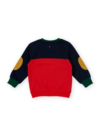 The Goldie + Ace Colour Block Pocket Sweater in Red & Yellow & Navy pictured on a transparent background. The material is 100% cotton. It is a sweater made for babies, toddlers and kids.