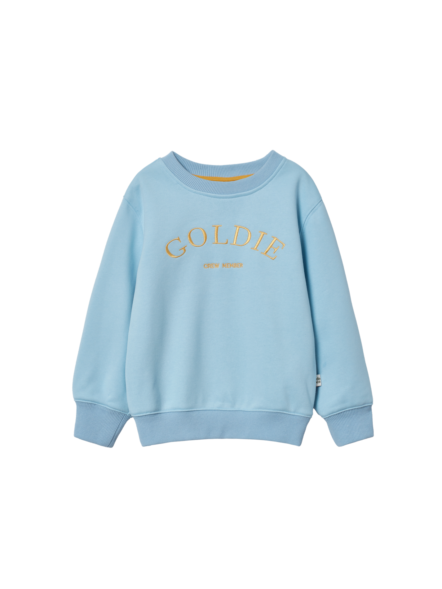 The Goldie + Ace Goldie Crew Embroidered Sweater Light Blue in Blue pictured on a transparent background. The material is 100% cotton. It is a sweater made for babies, toddlers and kids.