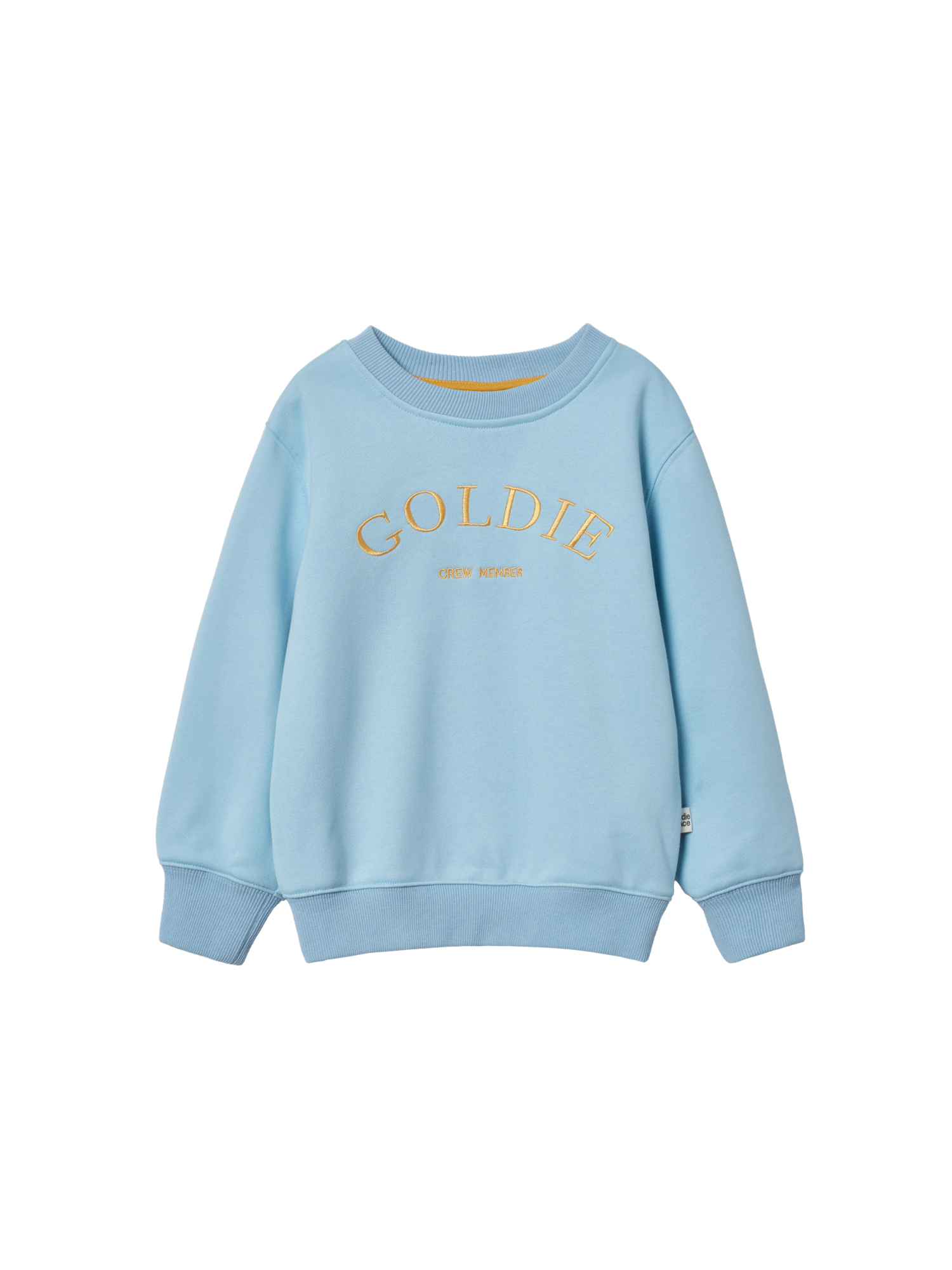 The Goldie + Ace Goldie Crew Embroidered Sweater Light Blue in Blue pictured on a transparent background. The material is 100% cotton. It is a sweater made for babies, toddlers and kids.