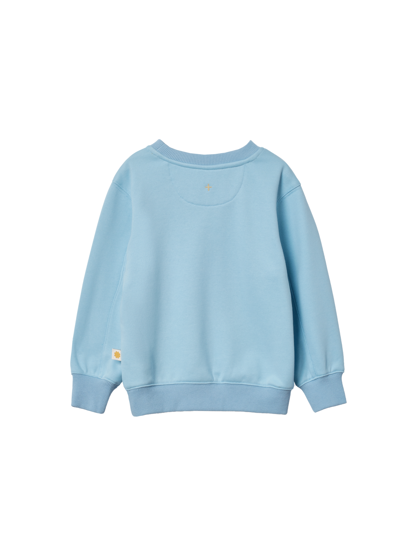 The Goldie + Ace Goldie Crew Embroidered Sweater Light Blue in Blue pictured on a transparent background. The material is 100% cotton. It is a sweater made for babies, toddlers and kids.
