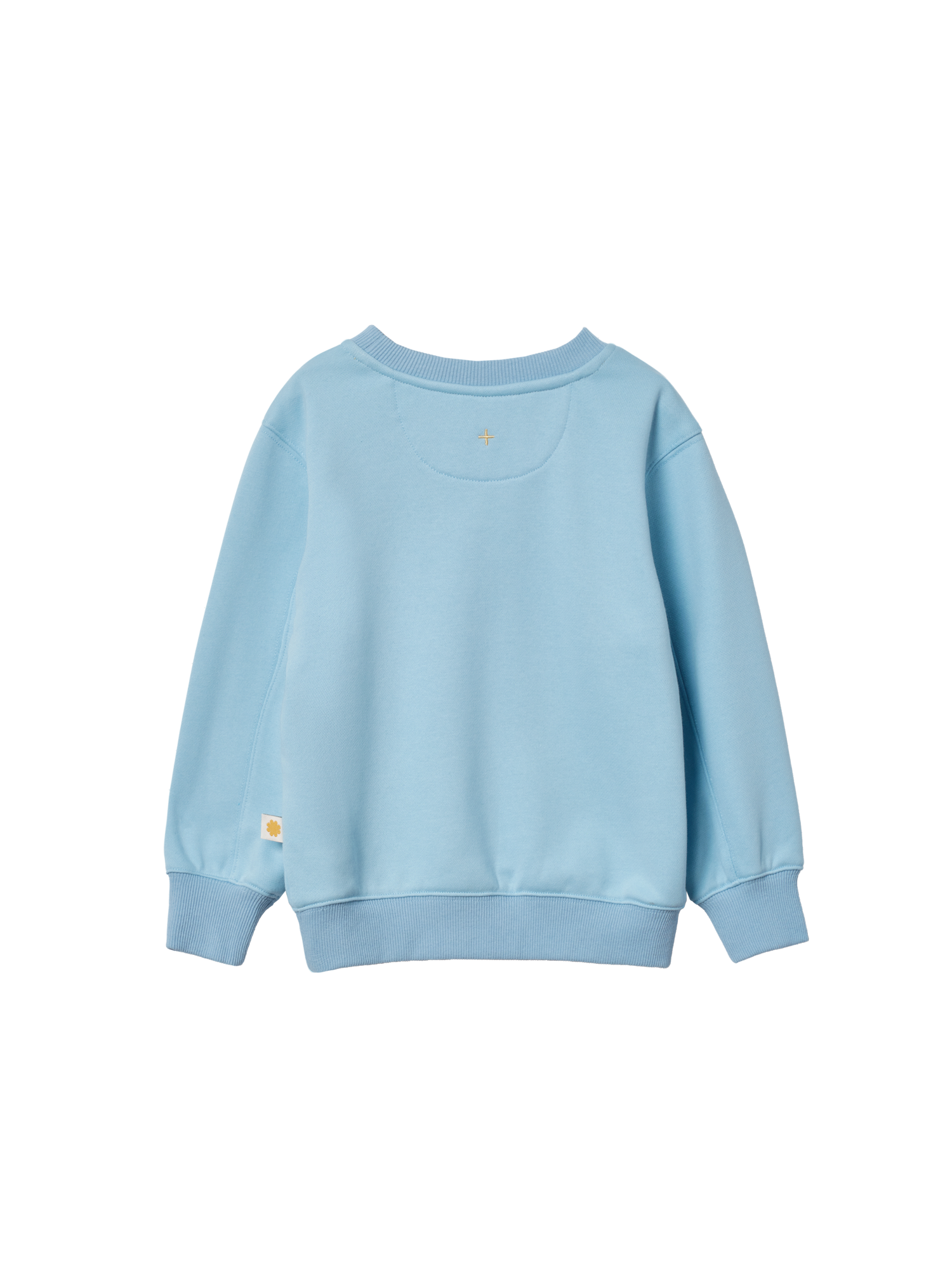 The Goldie + Ace Goldie Crew Embroidered Sweater Light Blue in Blue pictured on a transparent background. The material is 100% cotton. It is a sweater made for babies, toddlers and kids.