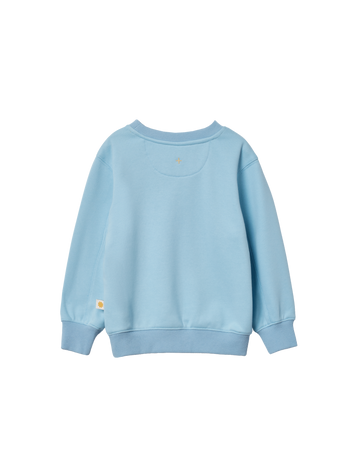 The Goldie + Ace Goldie Crew Embroidered Sweater Light Blue in Blue pictured on a transparent background. The material is 100% cotton. It is a sweater made for babies, toddlers and kids.