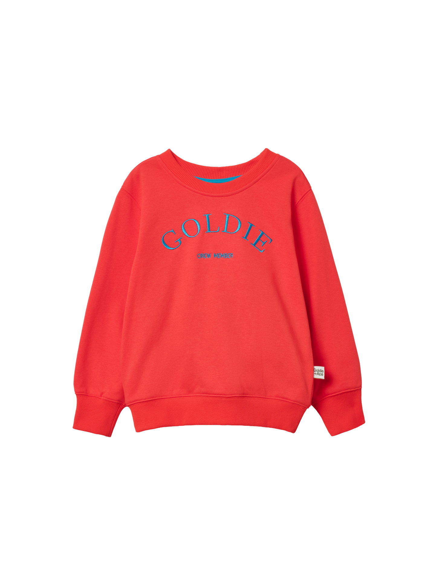 The Goldie + Ace Goldie Crew Embroidered Sweater Warm Red in Red pictured on a transparent background. The material is 100% cotton. It is a sweater made for babies, toddlers and kids.