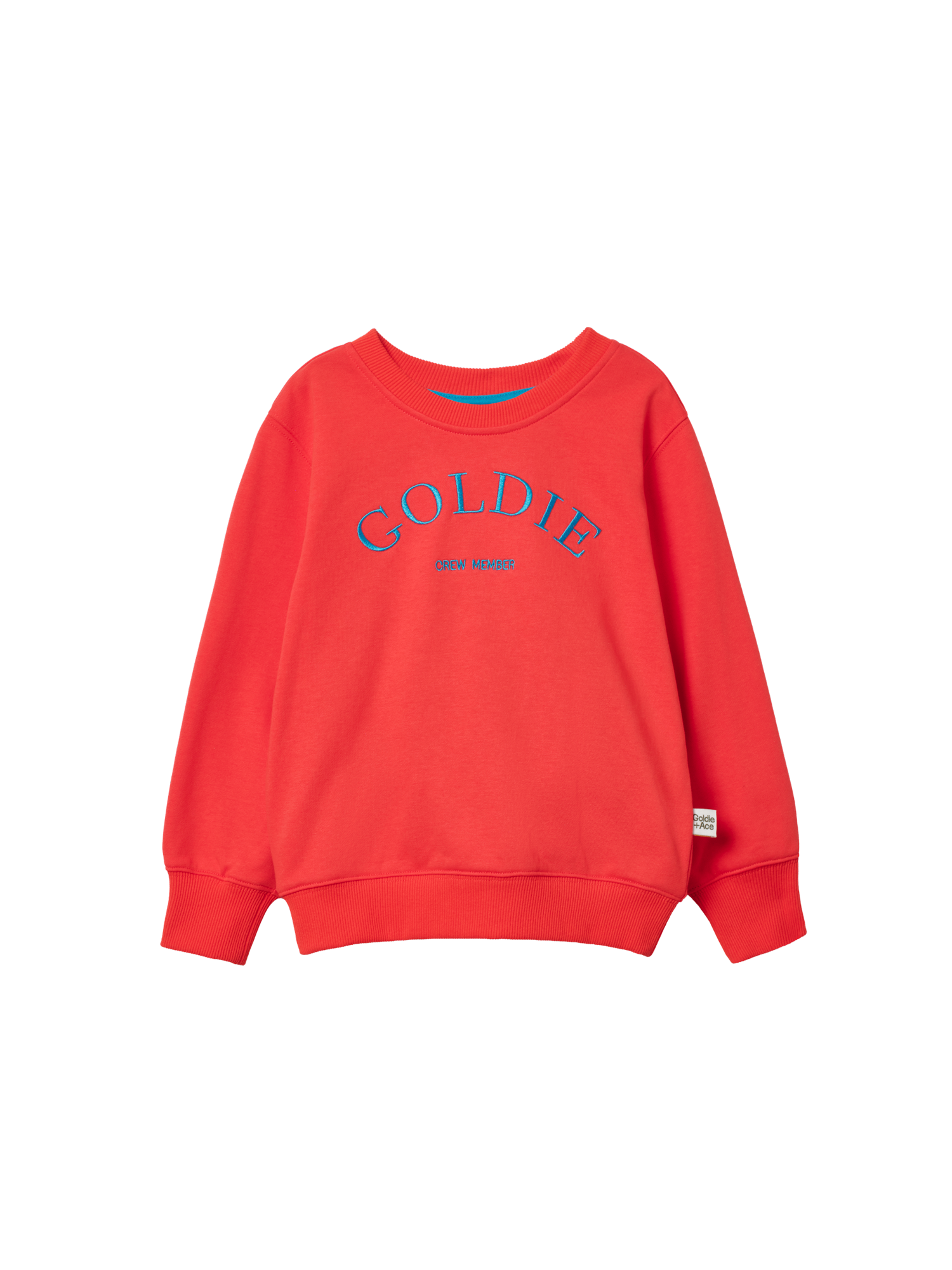 The Goldie + Ace Goldie Crew Embroidered Sweater Warm Red in Red pictured on a transparent background. The material is 100% cotton. It is a sweater made for babies, toddlers and kids.
