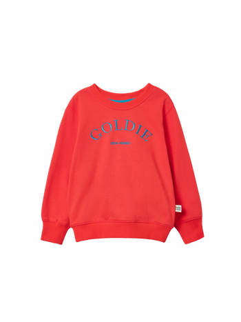 The Goldie + Ace Goldie Crew Embroidered Sweater Warm Red in Red pictured on a transparent background. The material is 100% cotton. It is a sweater made for babies, toddlers and kids.