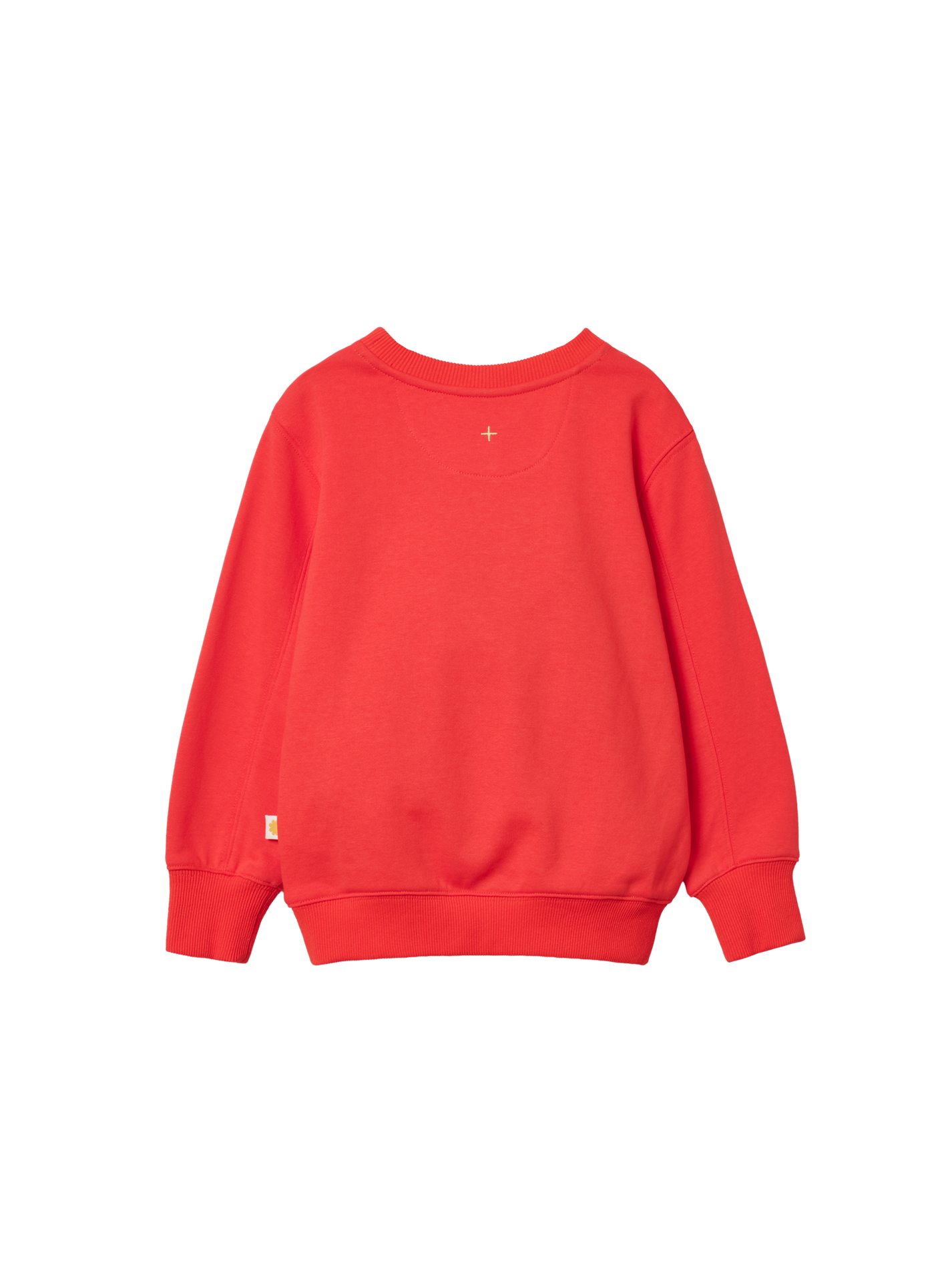 The Goldie + Ace Goldie Crew Embroidered Sweater Warm Red in Red pictured on a transparent background. The material is 100% cotton. It is a sweater made for babies, toddlers and kids.