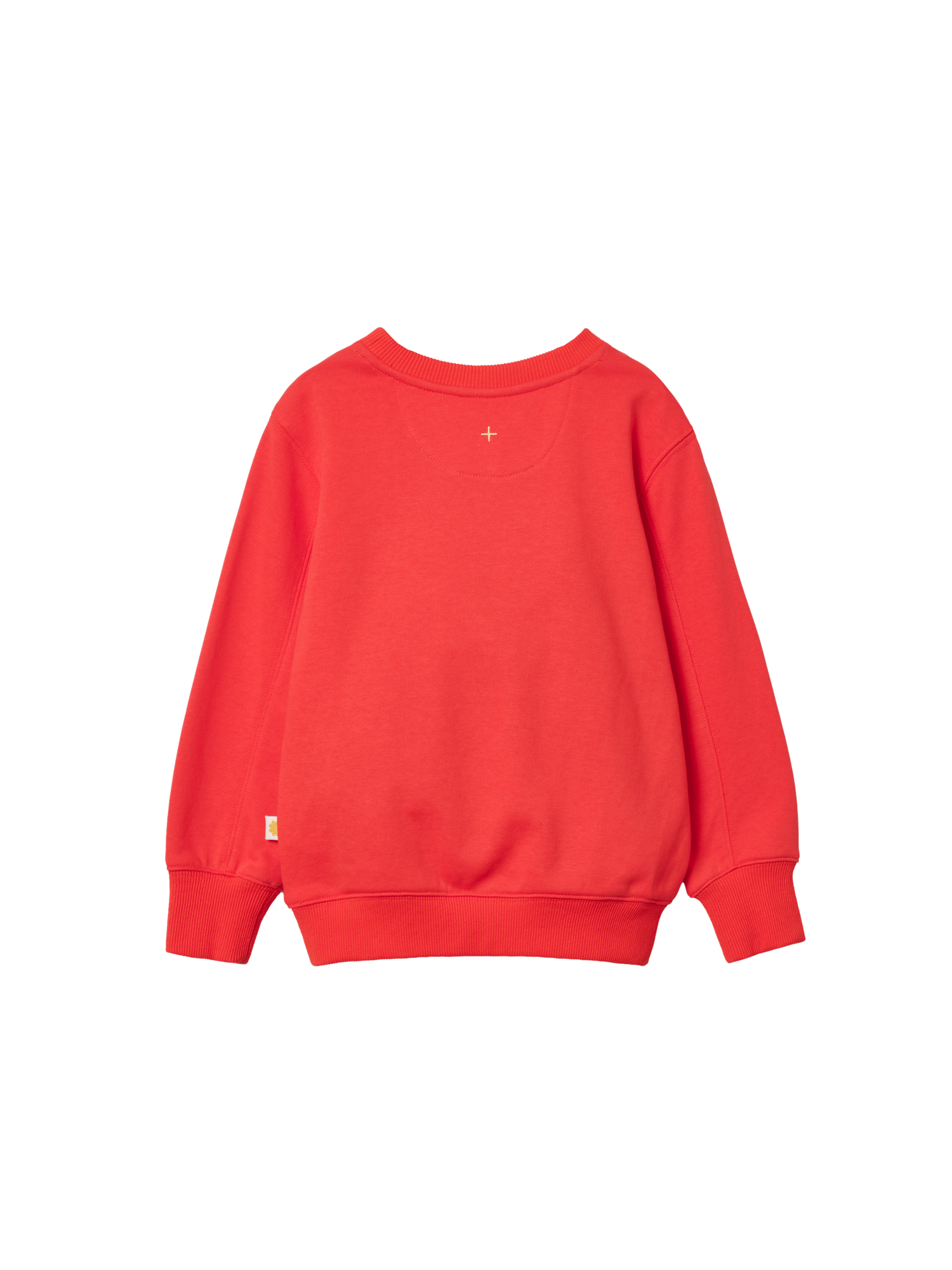 The Goldie + Ace Goldie Crew Embroidered Sweater Warm Red in Red pictured on a transparent background. The material is 100% cotton. It is a sweater made for babies, toddlers and kids.