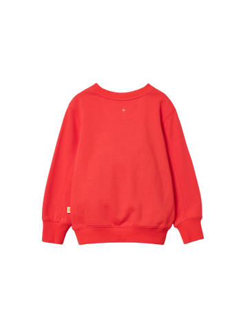 The Goldie + Ace Goldie Crew Embroidered Sweater Warm Red in Red pictured on a transparent background. The material is 100% cotton. It is a sweater made for babies, toddlers and kids.