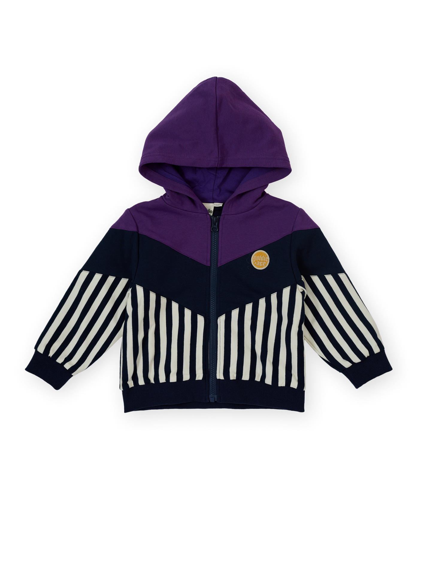 The Goldie + Ace Block Stripe Hooded Jacket in Purple &amp; Navy pictured on a transparent background. The material is 100% cotton. It is a jacket made for babies, toddlers and kids.