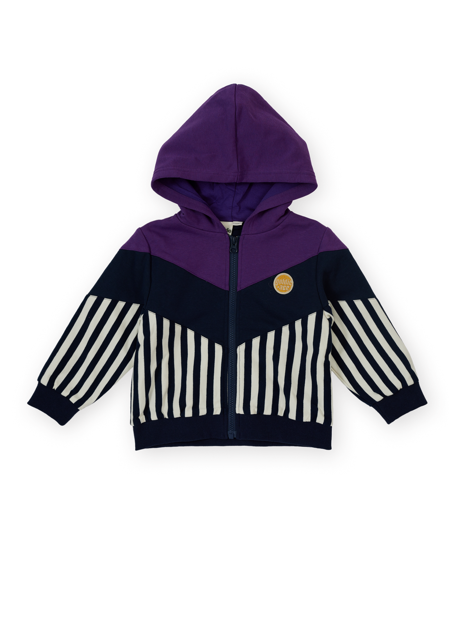 The Goldie + Ace Block Stripe Hooded Jacket in Purple & Navy pictured on a transparent background. The material is 100% cotton. It is a jacket made for babies, toddlers and kids.