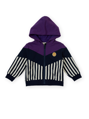 The Goldie + Ace Block Stripe Hooded Jacket in Purple & Navy pictured on a transparent background. The material is 100% cotton. It is a jacket made for babies, toddlers and kids.