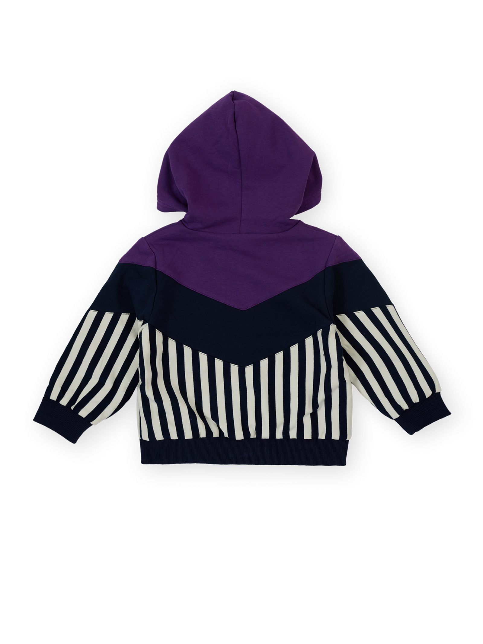 The Goldie + Ace Block Stripe Hooded Jacket in Purple & Navy pictured on a transparent background. The material is 100% cotton. It is a jacket made for babies, toddlers and kids.