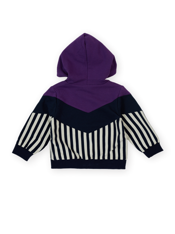 The Goldie + Ace Block Stripe Hooded Jacket in Purple & Navy pictured on a transparent background. The material is 100% cotton. It is a jacket made for babies, toddlers and kids.