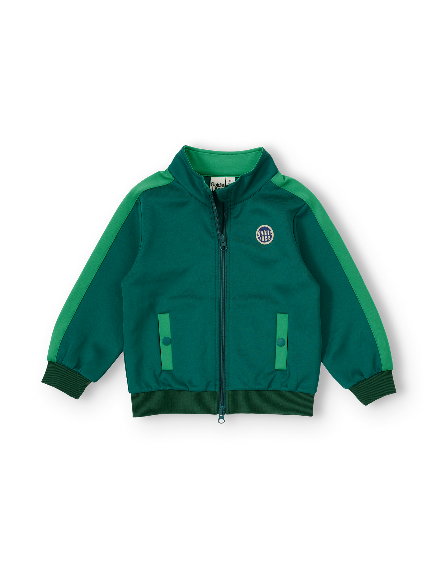 The Goldie + Ace Logo Track Zip Jacket in Green pictured on a transparent background. The material is 100% polyester. It is a jacket made for babies, toddlers and kids.