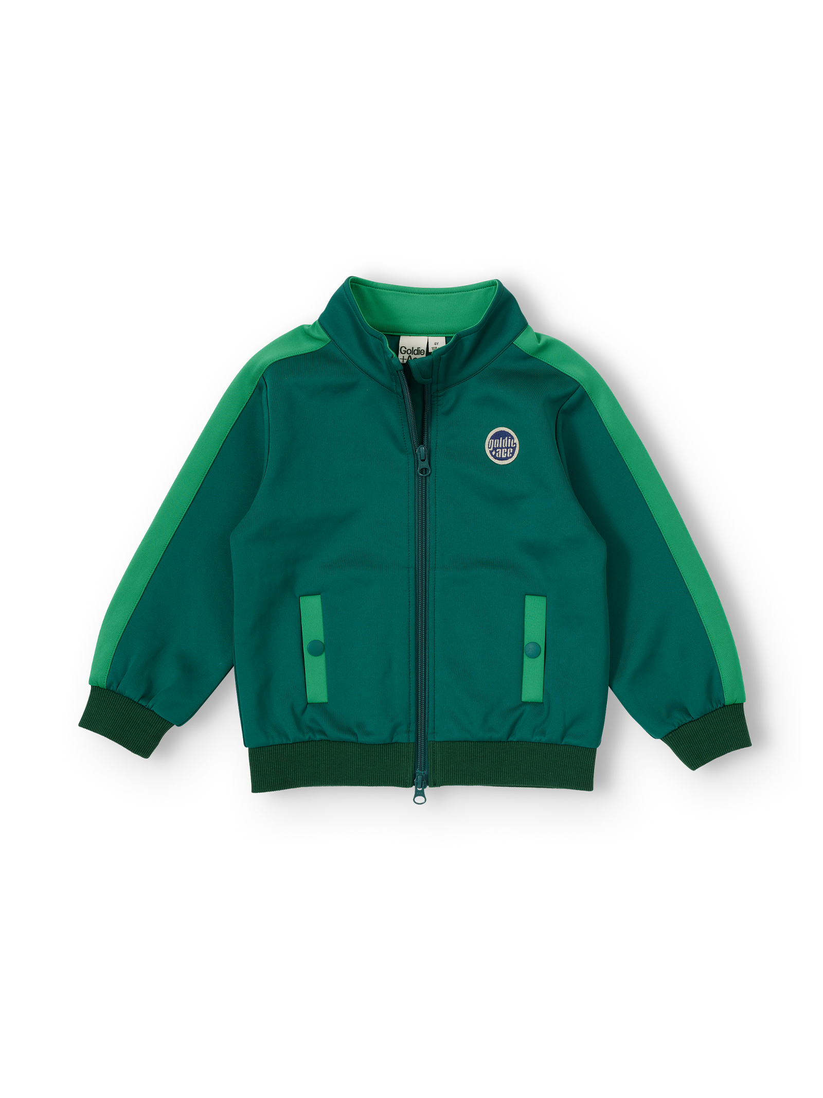 The Goldie + Ace Logo Track Zip Jacket in Green pictured on a transparent background. The material is 100% polyester. It is a jacket made for babies, toddlers and kids.