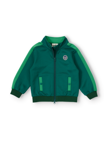 The Goldie + Ace Logo Track Zip Jacket in Green pictured on a transparent background. The material is 100% polyester. It is a jacket made for babies, toddlers and kids.