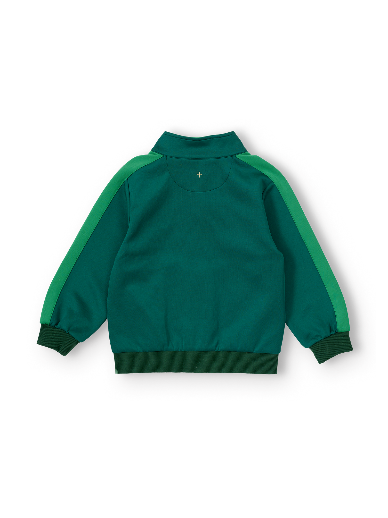 The Goldie + Ace Logo Track Zip Jacket in Green pictured on a transparent background. The material is 100% polyester. It is a jacket made for babies, toddlers and kids.