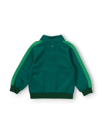 The Goldie + Ace Logo Track Zip Jacket in Green pictured on a transparent background. The material is 100% polyester. It is a jacket made for babies, toddlers and kids.