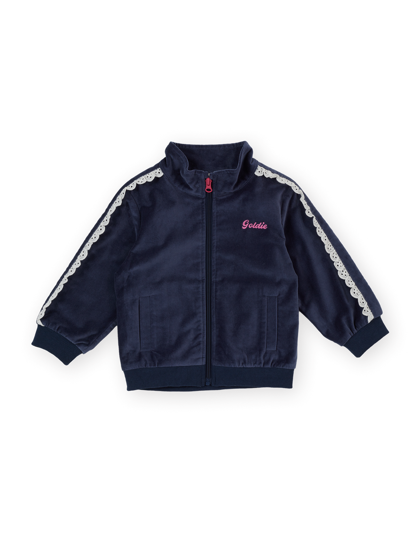 The Goldie + Ace Velour Broderie Sweat Jacket in Navy pictured on a transparent background. The material is 100% cotton with 100% cotton lining. It is a jacket made for babies, toddlers and kids.